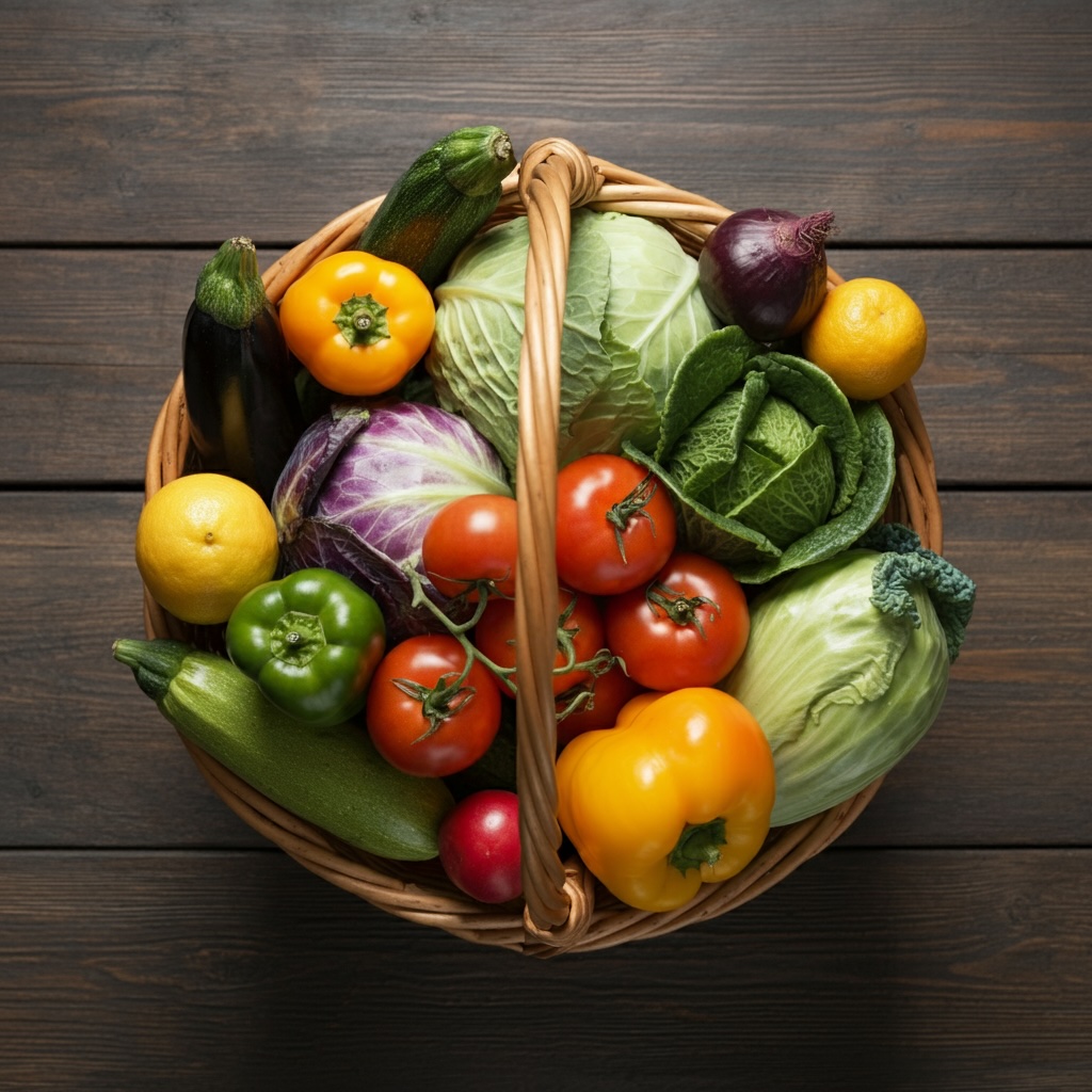 Wooden cutting board with vegetables and Florence-2 dense region captions overlaid